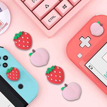 PERFECTSIGHT Switch Thumb Grips, Cute Joystick Caps for Nintendo Switch, 4 PCS Thumbstick Cover for Switch Lite, Switch OLED, Analog Stick Button Cover for NS Joycon Controller, Strawberry + Peach