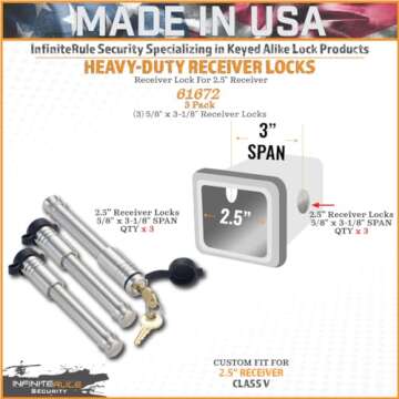 61672 | 3 Pack, Keyed Alike, 2" & 2.5" Receiver Locks, Heavy Duty Hitch Lock Pin, American Made in U...