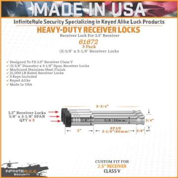 61672 | 3 Pack, Keyed Alike, 2" & 2.5" Receiver Locks, Heavy Duty Hitch Lock Pin, American Made in USA, Best Truck Accessories - Locking Hitch Pin, 5/8 Hitch Pin Lock, Anti-Theft Hitch Pin