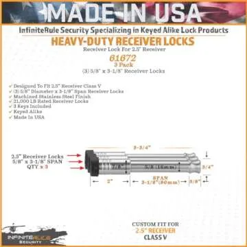 61672 | 3 Pack, Keyed Alike, 2" & 2.5" Receiver Locks, Heavy Duty Hitch Lock Pin, American Made in USA, Best Truck Accessories - Locking Hitch Pin, 5/8 Hitch Pin Lock, Anti-Theft Hitch Pin