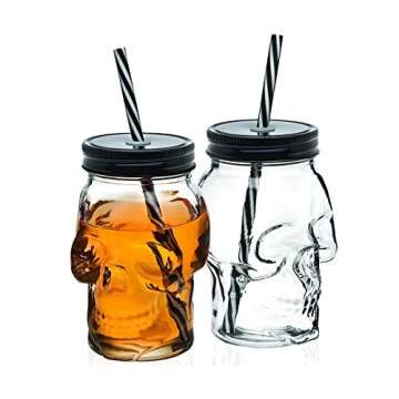 Skull Mason Jar Mug Glass Tumbler Glass Cups with Cover and Straw, Halloween Decor, Drinking Glasses - 16oz, Set of 2
