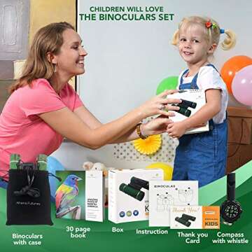 ATHENA FUTURES Aluminum Grade Binoculars for Kids, Girls & Boys, Easter Basket Stuffers, Toddler Binoculars for Camping & Bird Watching, Easter Gifts, Boys Outdoor Toys with Book, Compass & Whistle