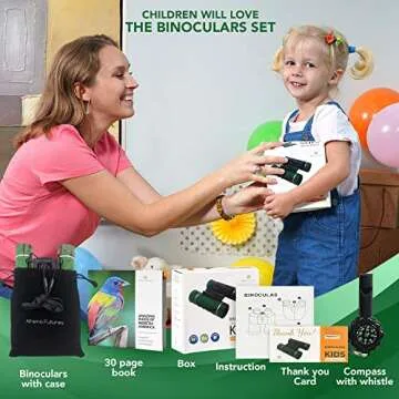 ATHENA FUTURES Aluminum Grade Binoculars for Kids, Girls & Boys, Easter Basket Stuffers, Toddler Binoculars for Camping & Bird Watching, Easter Gifts, Boys Outdoor Toys with Book, Compass & Whistle