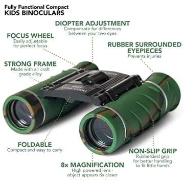 ATHENA FUTURES Aluminum Grade Binoculars for Kids, Girls & Boys, Easter Basket Stuffers, Toddler Binoculars for Camping & Bird Watching, Easter Gifts, Boys Outdoor Toys with Book, Compass & Whistle