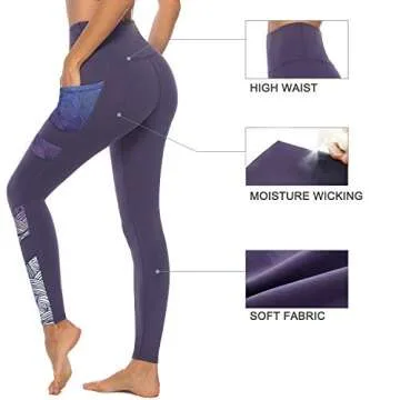 PERSIT Yoga Pants for Women with Pockets High Waisted Print Workout Leggings Athletic Gym Soft Yoga Leggings - Purple - S