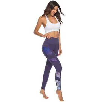 PERSIT Yoga Pants for Women with Pockets High Waisted Print Workout Leggings Athletic Gym Soft Yoga Leggings - Purple - S