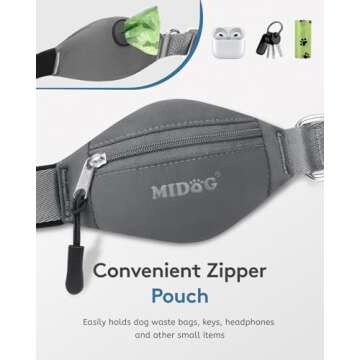 MIDOG Hands Free Dog Leash - Adjustable Length Waist Leash for Dog Walking,Multifunctional Runing Leash with Ziiper Pouch for Large Dogs,Grey,4FT-7FT