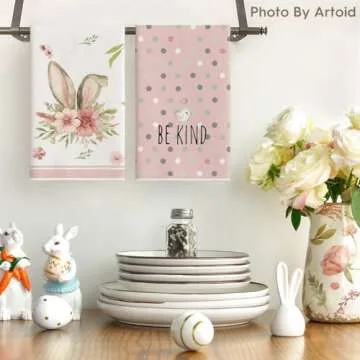 Artoid Mode Pink Bunny Rabbit Ears Floral Leaves Easter Kitchen Towels Dish Towels, 18x26 Inch Be Ki...