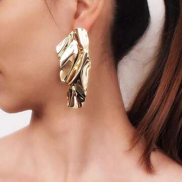 LOK68 Gold Statement Geometric Texture Earrings for Women womens,Shiny Irregular Minimalism Metal Simple Modern Earrings Hypoallergenic,Exquisite Rectangle Large Hypoallergenic Leaf Earrings