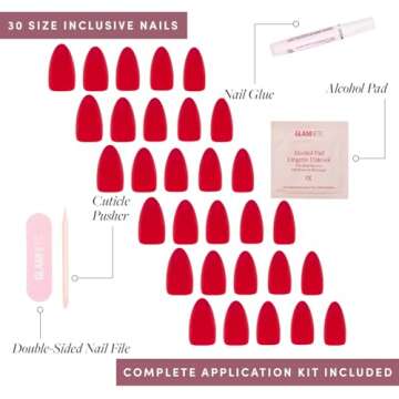Glamnetic Press On Nails - Fiery Red | Opaque Bright Red Short Almond Fake Nails, Reusable | 15 Sizes - 30 Nail Kit