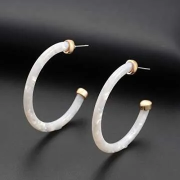 Hoop Earrings For Women Statement Acrylic Open Hoop Earrings Bohemia Tortoise Shell Stud Dangle Earrings Fashion Jewelry (White)