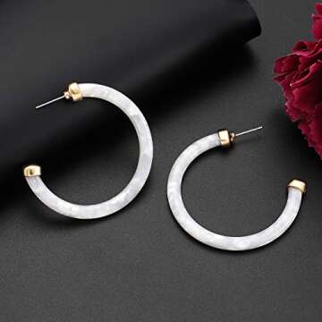 Hoop Earrings For Women Statement Acrylic Open Hoop Earrings Bohemia Tortoise Shell Stud Dangle Earrings Fashion Jewelry (White)