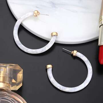 Hoop Earrings For Women Statement Acrylic Open Hoop Earrings Bohemia Tortoise Shell Stud Dangle Earrings Fashion Jewelry (White)