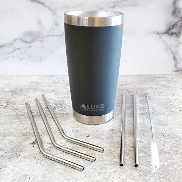 Luxe Hydration 6 Piece Reusable Stainless Steel Metal Drinking Straw Set for 20oz Tumblers and Highball Glasses – 3 Bent + 2 Straight + 1 Cleaning Brush
