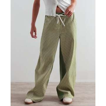 PEIHOT Low Waisted Striped Sweat Pants for Women Pull On Drawstring Lounge Wide Leg Jeans Trendy 2025 Green