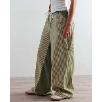 PEIHOT Low Waisted Striped Sweat Pants for Women Pull On Drawstring Lounge Wide Leg Jeans Trendy 2025 Green