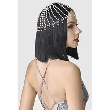 BABEYOND 1920s Crystal Cap Headpiece Rhinestone Head Chain Roaring 20s Great Gatsby Hair Accessories for Art Deco Party (Silver Pearl)