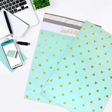 Pack It Chic - 10X13 (100 Pack) Mint Gold Triangles Poly Mailer Envelope Plastic Custom Mailing & Shipping Bags - Self Seal