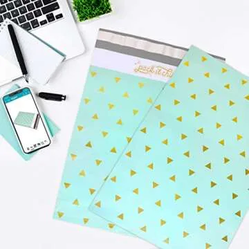 Pack It Chic - 10X13 (100 Pack) Mint Gold Triangles Poly Mailer Envelope Plastic Custom Mailing & Shipping Bags - Self Seal
