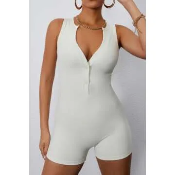 CHYRII Womens V Neck Jumpsuits Yoga Workout Bodycon Rompers Sleeveless Shorts Bodysuit One Piece Unitard Outfits Beige S