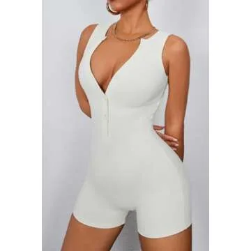 CHYRII Womens V Neck Jumpsuits Yoga Workout Bodycon Rompers Sleeveless Shorts Bodysuit One Piece Unitard Outfits Beige S