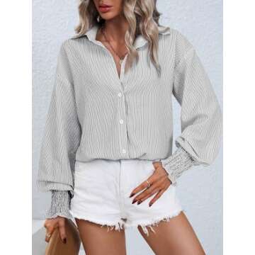 Black and White Striped Shirt Women Oversized Boyfriends Blouse Loose fitting Tunic for Leggings Dressy Casual Collar Shirt Button Up High Low Hem Tops Puff Long Sleeve Y2k Business Casual Fall Clothe