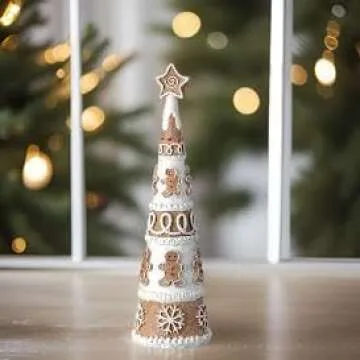 The Bridge Collection Frosted Gingerbread Cookie Tree Figurine - Decorative Tabletop Figure for Holiday Decor - Gingerbread Cone Tree Figurine for Christmas Decor