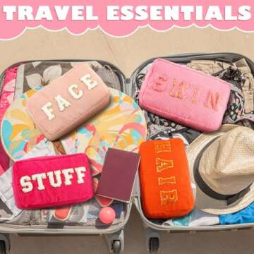 Pinkunn 4 Pcs Preppy Makeup Bags Christmas Chenille Letter Bag Face Skin Hair Stuff Cosmetic Bag Corduroy Makeup Pouch with Zipper Birthday Gifts for Women(Cute Color)