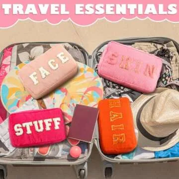 Pinkunn 4 Pcs Preppy Makeup Bags Christmas Chenille Letter Bag Face Skin Hair Stuff Cosmetic Bag Corduroy Makeup Pouch with Zipper Birthday Gifts for Women(Cute Color)