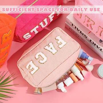 Pinkunn 4 Pcs Preppy Makeup Bags Christmas Chenille Letter Bag Face Skin Hair Stuff Cosmetic Bag Corduroy Makeup Pouch with Zipper Birthday Gifts for Women(Cute Color)