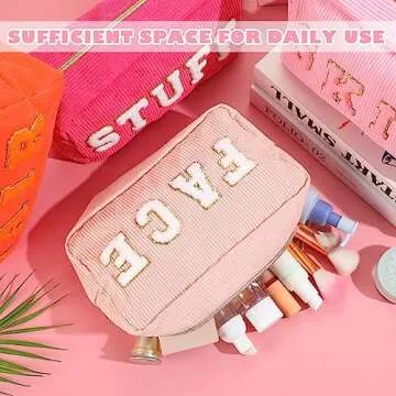 Pinkunn 4 Pcs Preppy Makeup Bags Christmas Chenille Letter Bag Face Skin Hair Stuff Cosmetic Bag Corduroy Makeup Pouch with Zipper Birthday Gifts for Women(Cute Color)