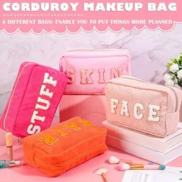 Pinkunn 4 Pcs Preppy Makeup Bags Christmas Chenille Letter Bag Face Skin Hair Stuff Cosmetic Bag Corduroy Makeup Pouch with Zipper Birthday Gifts for Women(Cute Color)