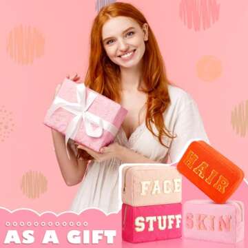 Pinkunn 4 Pcs Preppy Makeup Bags Christmas Chenille Letter Bag Face Skin Hair Stuff Cosmetic Bag Corduroy Makeup Pouch with Zipper Birthday Gifts for Women(Cute Color)