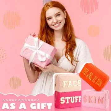 Pinkunn 4 Pcs Preppy Makeup Bags Christmas Chenille Letter Bag Face Skin Hair Stuff Cosmetic Bag Corduroy Makeup Pouch with Zipper Birthday Gifts for Women(Cute Color)