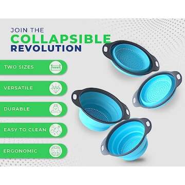 Ultimate Kitchen Strainers Set of 2 - Collapsible Silicone Colanders For Easy Storage by Comfify - Use with Pasta & Veggies or as a Fruit or Berry Bowl with Strainer - Irreplaceable for Campers - Blue