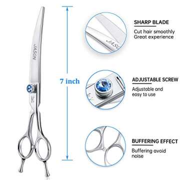 JASON 7" Curved Dog Grooming Scissors, Ergonomic Pets Cats Trimming Shears with Offset Handle and a Jewelled Screw for Right Handed Groomers, Sharp, Comfortable