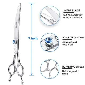 JASON 7" Curved Dog Grooming Scissors, Ergonomic Pets Cats Trimming Shears with Offset Handle and a Jewelled Screw for Right Handed Groomers, Sharp, Comfortable