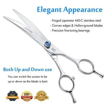 JASON 7" Curved Dog Grooming Scissors, Ergonomic Pets Cats Trimming Shears with Offset Handle and a Jewelled Screw for Right Handed Groomers, Sharp, Comfortable