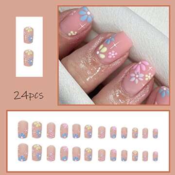 Press on Nails Short Colourful Flower Designs Square Fake Nails Nude Glossy Full Cover Glue on Nails...