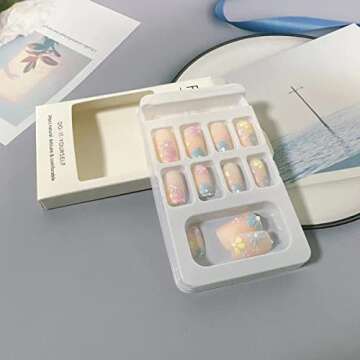 Press on Nails Short Colourful Flower Designs Square Fake Nails Nude Glossy Full Cover Glue on Nails Fashion Stick on Nails Cute Daisy False Nails Spring Summer for Women and Girls 24 Pcs