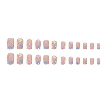Press on Nails Short Colourful Flower Designs Square Fake Nails Nude Glossy Full Cover Glue on Nails Fashion Stick on Nails Cute Daisy False Nails Spring Summer for Women and Girls 24 Pcs