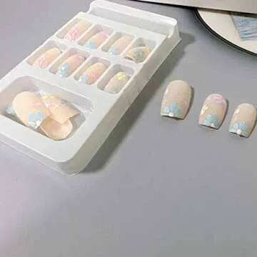 Press on Nails Short Colourful Flower Designs Square Fake Nails Nude Glossy Full Cover Glue on Nails Fashion Stick on Nails Cute Daisy False Nails Spring Summer for Women and Girls 24 Pcs