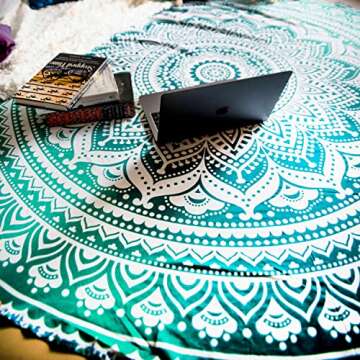 Folkulture Set of 2 Ombre Mandala Round Tapestry Hippie Indian Mandala Roundie Picnic Table Cover Hippy Spread Boho Gypsy Cotton Tablecloth Beach Towel Meditation Round Yoga Mat-72", Blue Green