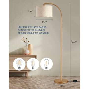 DEWENWILS Gold Arched Floor Lamps for Living Room, Boho Standing Arc Lamp with Adjustable Lampshade, Mid Century Modern Reading Light with Foot Switch for Bedroom, Home Office, Nursery