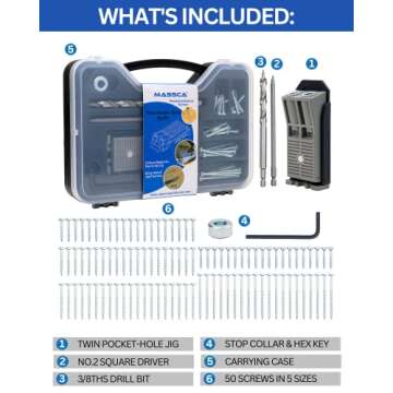 Massca Twin Pocket Hole Jig Set Box – Adjustable & Easy to Use Joinery Woodworking Tool w/Drill Bit, Hex Key, Screws, Square Driver & Stop Collar – For DIY Carpentry Projects