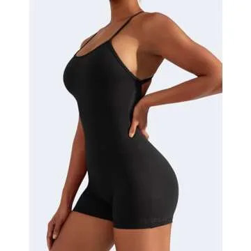 YEOREO Backless Tummy Control Jumpsuits for Women One Piece Workout Jumpsuits Sleeveless V Back Lizvette Scrunch Yoga Rompers Black M