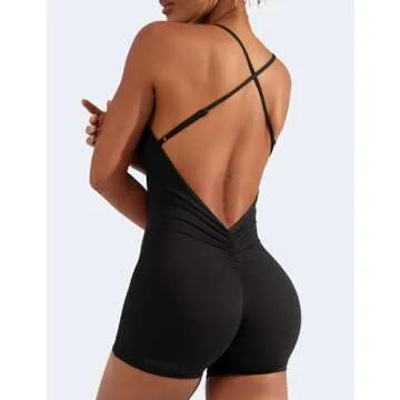 YEOREO Backless Tummy Control Jumpsuits for Women One Piece Workout Jumpsuits Sleeveless V Back Lizvette Scrunch Yoga Rompers Black M