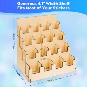 Sticker Display Stand For Vendors, 4 Tier Wooden Small Card Display Rack, 16 Shelf Portable Retail V...