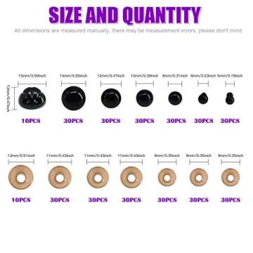 Swpeet 190Pcs Black Assorted Sizes Plastic Safety Eyes and 10 Pcs Noses Set for Doll, Puppet, Plush ...