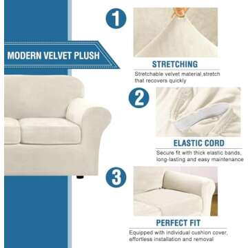 H.VERSAILTEX Modern Velvet Plush 4 Piece High Stretch Sofa Slipcover Furniture Protector Form Fit Luxury Thick Sofa Cover for 3 Cushion Couch, Machine Washable Width Up to 90 Inch(Sofa,Ivory)